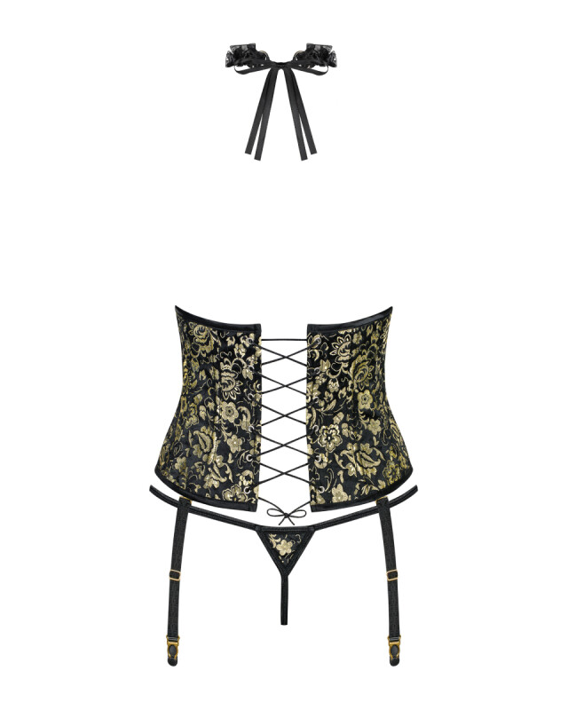 Сексуальний корсет Obsessive Shelle, L/XL, з відкритими грудьми, з трусиками і чокером, чорний - Изображение 8