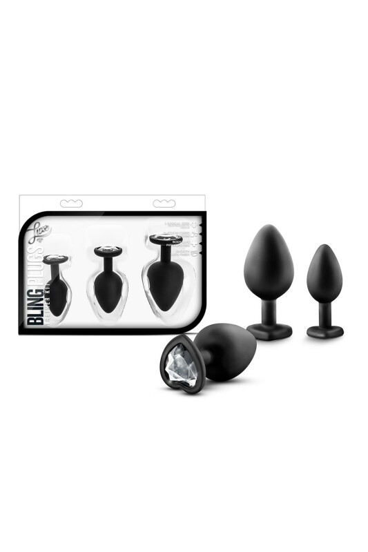 Набір анальних пробок зі стразами LUXE BLING PLUGS TRAINING KIT WHITE GEMS, чорний
