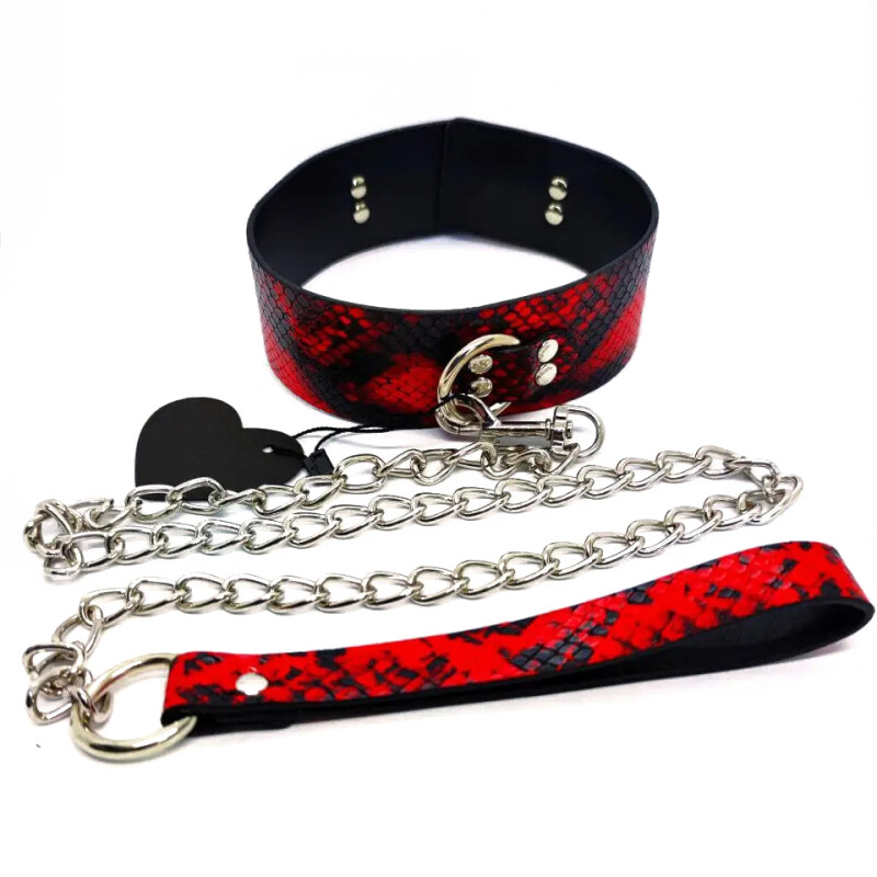 Нашийник з повідцем дизайн зміїної шкіри Fetish Collar, червоно-чорний
