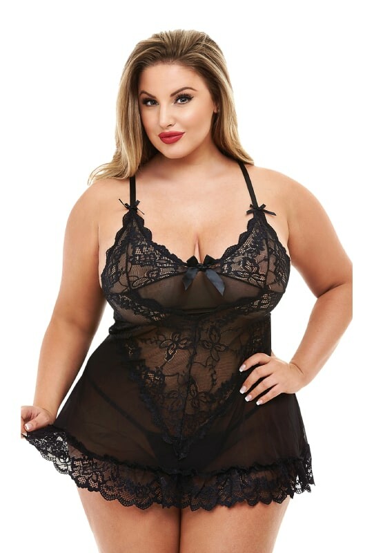 Сексуальний пеньюар Baci Mini Lace Chemise, XL, мереживний, напівпрозорий, чорний