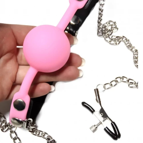 Кляп с затискачами на соски Fetish Locking Gag чорний з рожевим, 4 см - Изображение 1