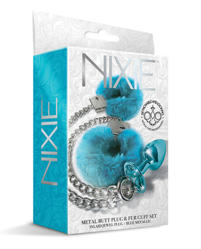 Набір анальна пробка і наручники Global Novelties Nixie, срібно-блакитні - Зображення 1