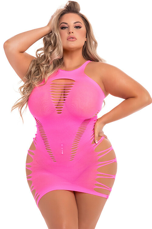 Сукня-сітка еротична Pink Lipstick, XL/3XL, з розрізами, рожева