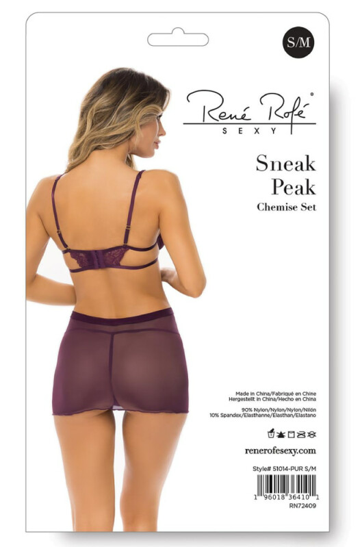 Сексуальна сорочка Rene Rofe Sneak Peak Chemise, S/M, напівпрозорий, мереживний, фіолетова - Зображення 3