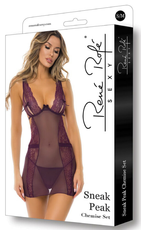 Сексуальна сорочка Rene Rofe Sneak Peak Chemise, S/M, напівпрозорий, мереживний, фіолетова - Зображення 2