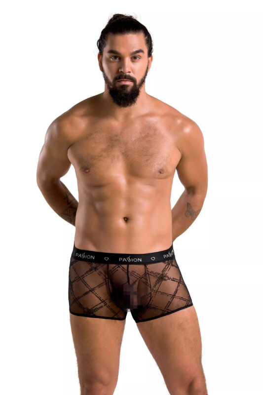 Чоловічі труси шорти Passion Men James, L/XL, прозорі з геометричним візерунком, чорного кольору