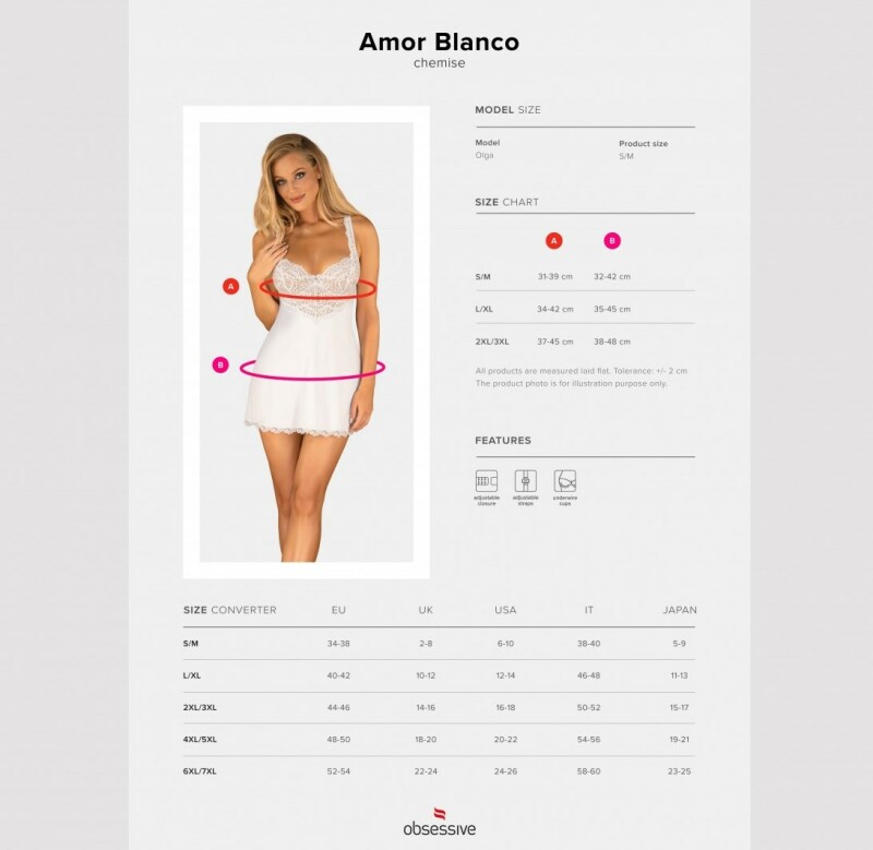 Еротичний пеньюар L/XL Obsessive Amor Blanco, мереживний, з трусиками в комплекті, білий - Изображение 6
