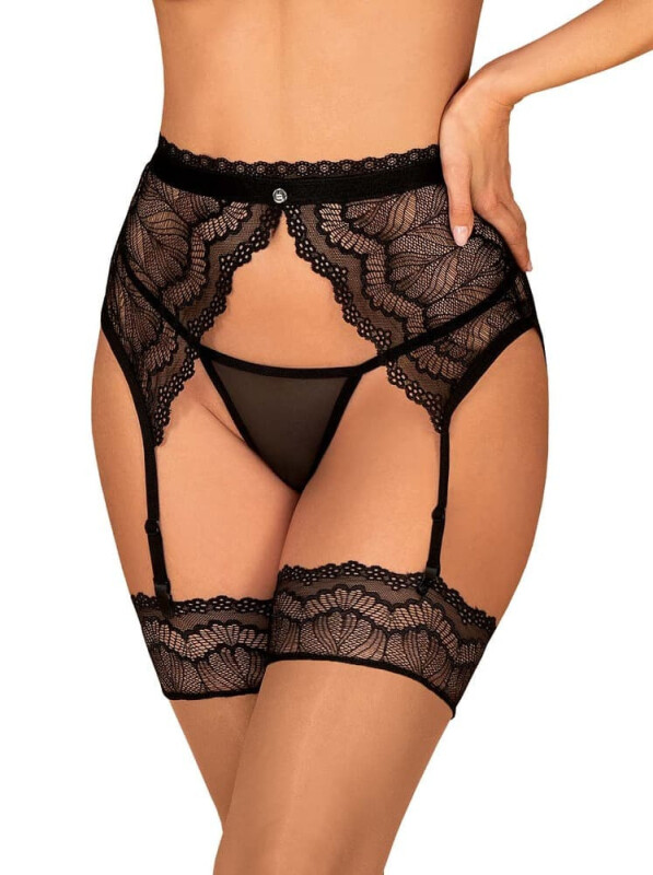 Пояс для панчіх мереживний L/XL Obsessive Isabellia, з бантиком, чорний