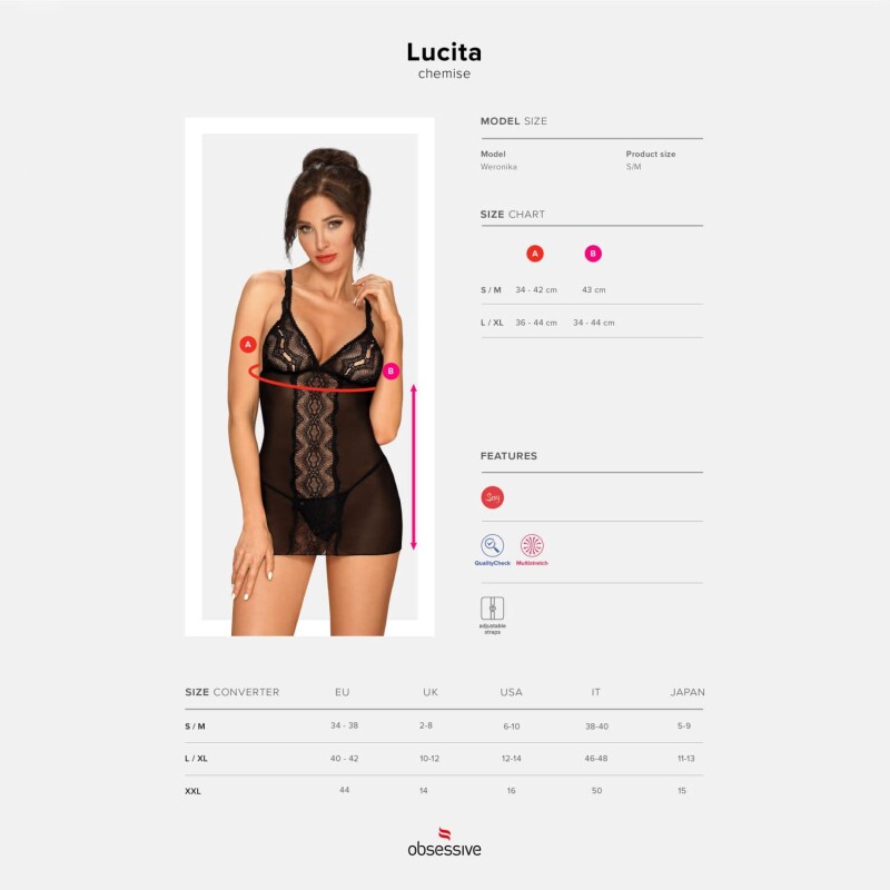 Сексуальний пеньюар L/XL Obsessive Lucita, напівпрозорий, з мереживом, з трусиками, чорний - Зображення 6