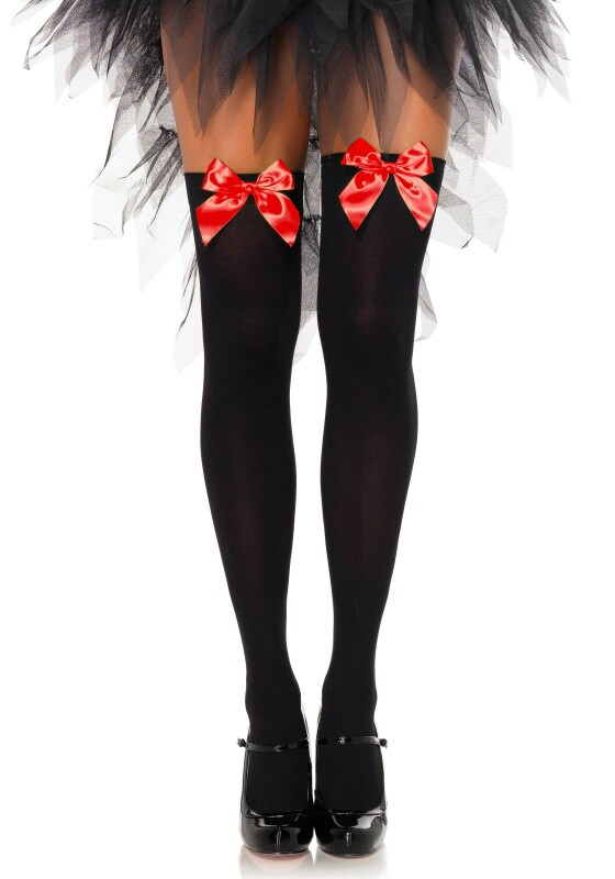 Панчохи сексуальні One Size Leg Avenue, з червоними бантиками, чорні - Изображение 1