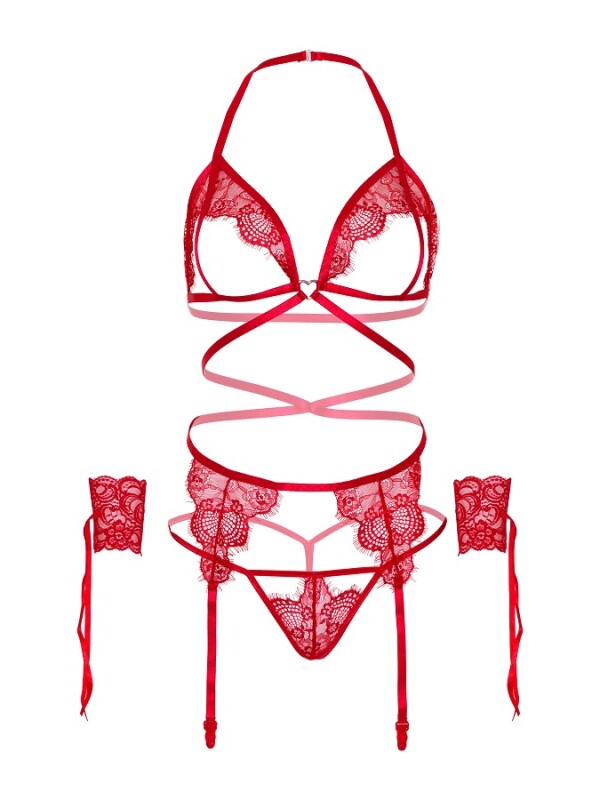 Комплект сексуальної білизни Leg Avenue Eyelash Lace Open Cup, розмір One Size, червоний - Зображення 7