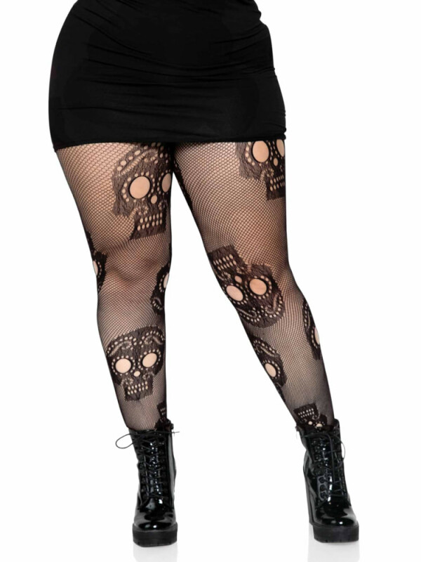 Сексуальні колготки Leg Avenue Sugar Skull, XL-XXL, в дрібну сітку, з черепами, чорні