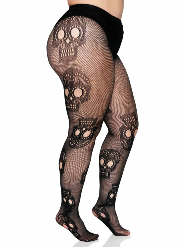 Сексуальні колготки Leg Avenue Sugar Skull, XL-XXL, в дрібну сітку, з черепами, чорні - Изображение 2