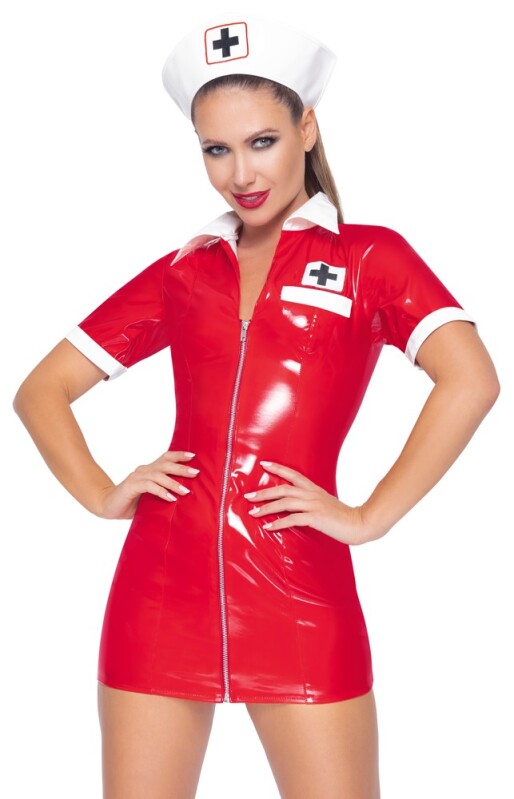 Костюм сексі медсестри Black Level Vinyl Nurse, XL, червоний, 2 предмети - Зображення 2