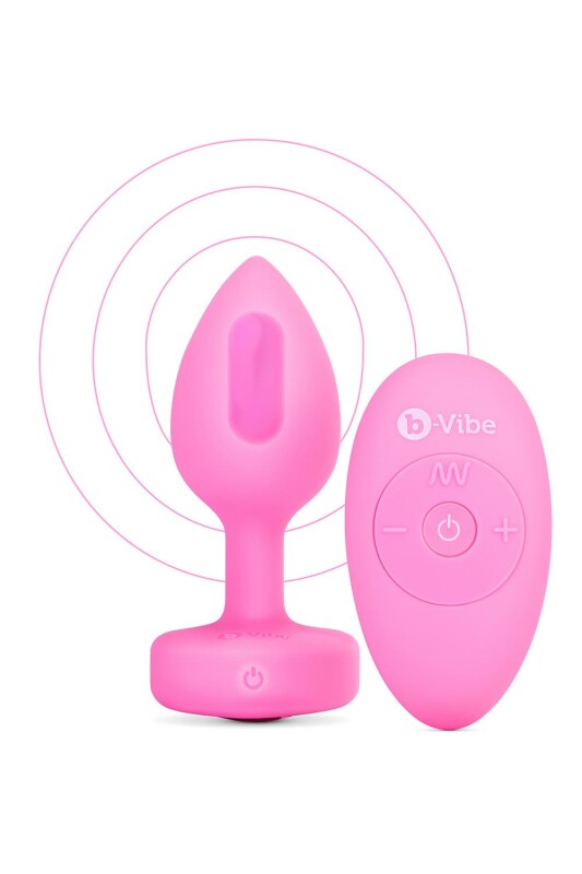 Анальна пробка з кристалом S/M b-Vibe, з вібрацією, силіконова, рожева, 7.6 х 3.7 см