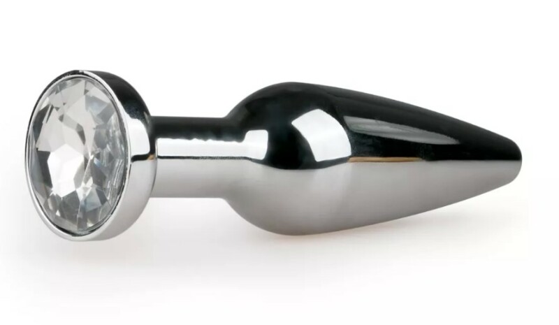 Анальна пробка металева Easytoys Metal Butt Plug з білим камінцем, 11.4 х 2.8 см