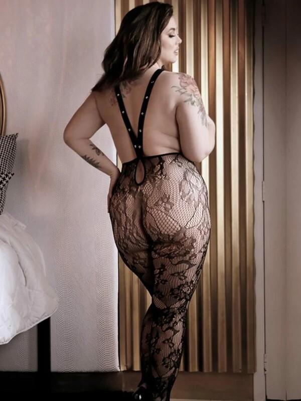 Бодістокінг сексуальний з відкритими грудьми Queen Size Floral Lace Fantasy Lingerie, чорний - Зображення 1