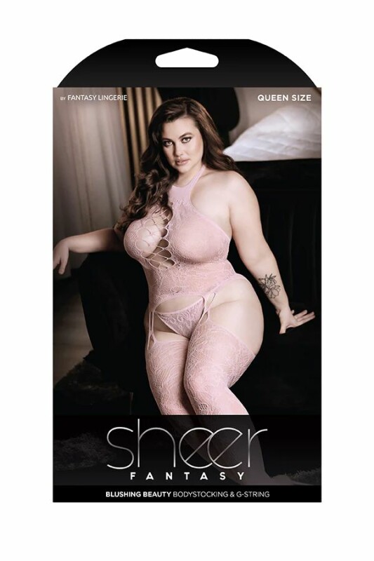 Бодістокінг сексуальний мереживний Queen Size Blushing Fantasy Lingerie, з відкритою інтимною зоною, рожевий - Изображение 2