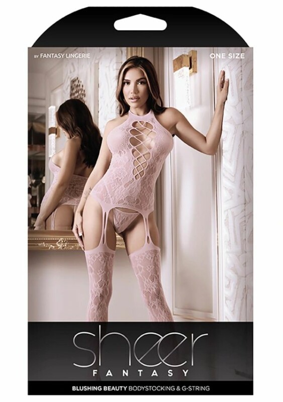 Бодістокінг сексуальний мереживний One Size Blushing Fantasy Lingerie, з відкритою інтимною зоною, рожевий - Зображення 2