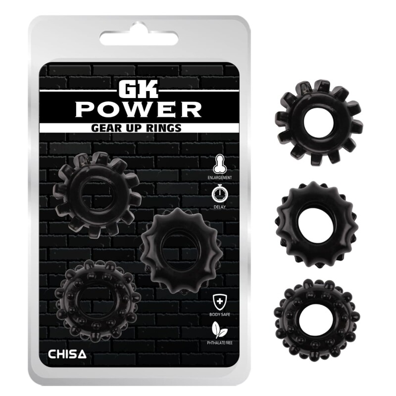 Набір ерекційних кілець із рельєфом Chisa GK Power, чорний, 1.6 см, 3 шт.