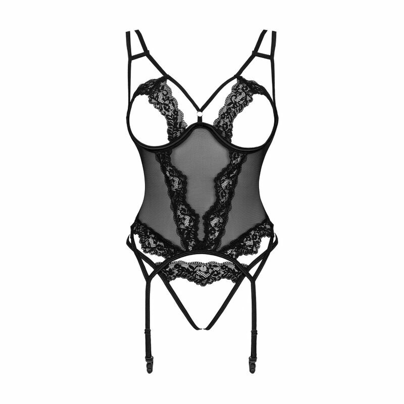 Сексуальний корсет L/XL Obsessive Setilla, з відкритими грудьми, зі стрінгами, чорний - Зображення 2