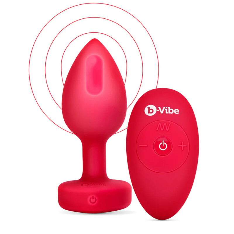 Анальна пробка з дистанційним пультом M/L B-Vibe з кристалом у вигляді серця, червона, 9.8 х 3.7 см