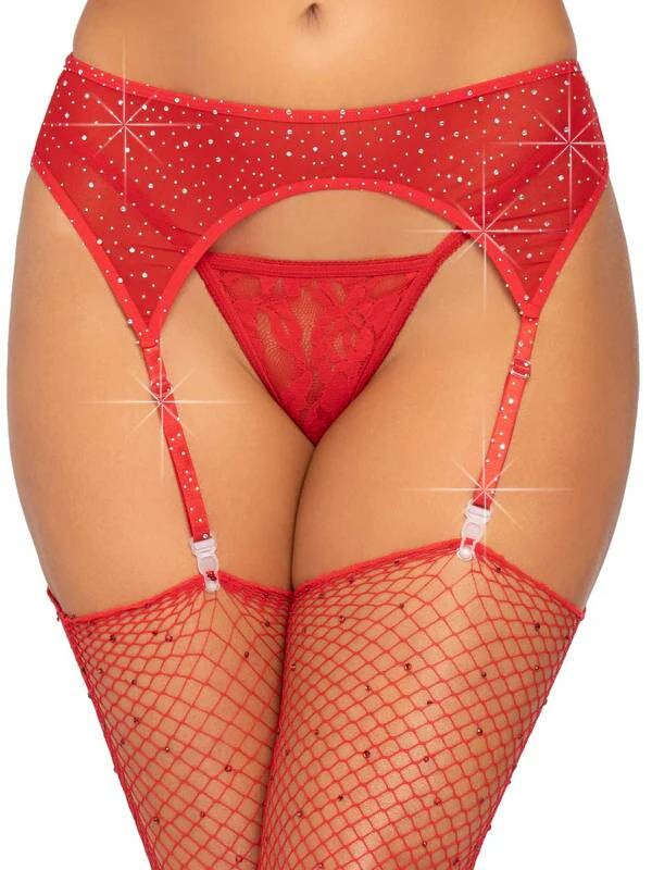 Сексуальний пояс для панчіх One Size Leg Avenue Roxy Rhinestone, зі стразами, червоний