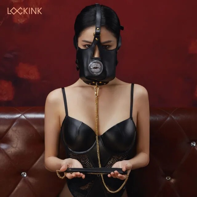 Маска на голову з повідцем і нашийником LOCKINK Blowjob Head Harness Muzzle for Puppy Play для мінету, чорна