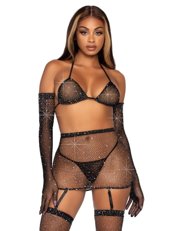 Комплект білизни із сітки зі стразами One Size Leg Avenue Rhinestone, чорний - Зображення 2