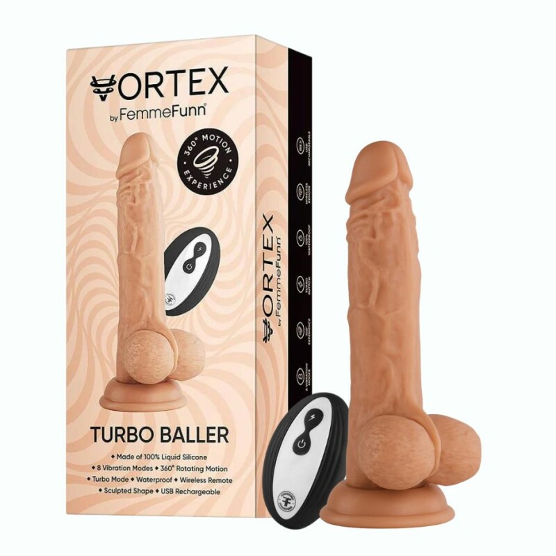 Вібратор реалістичний з ротацією FemmeFunn Vortex Turbo Baller з мошонкою на присосці, з пультом, бежевий, 20.5 см х 3.8 см