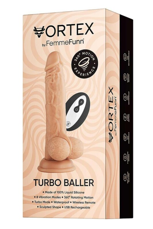 Вібратор реалістичний з ротацією FemmeFunn Vortex Turbo Baller з мошонкою на присосці, з пультом, бежевий, 20.5 см х 3.8 см - Зображення 2