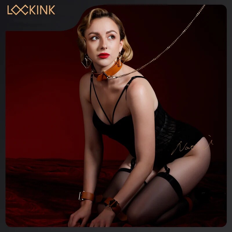 Нашийник з повідцем Lockink, натуральна шкіра, коричневий