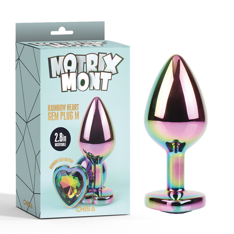 Анальна пробка M з кристалом у формі серця Rainbow Heart Gem Chisa, металева, різнокольорова, 8.2 х 3.3 см