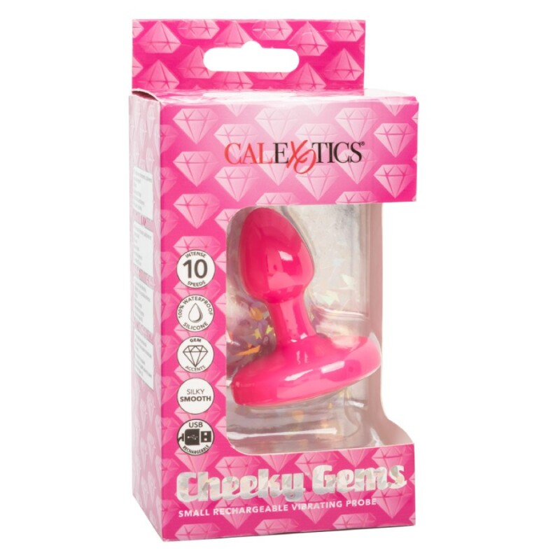 Анальна пробка з вібрацією CalExotics Cheeky Gems, з кристалом, рожева, 5 х 2.5 см - Изображение 3