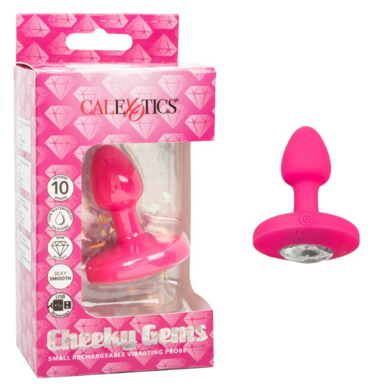 Анальна пробка з вібрацією CalExotics Cheeky Gems, з кристалом, рожева, 5 х 2.5 см