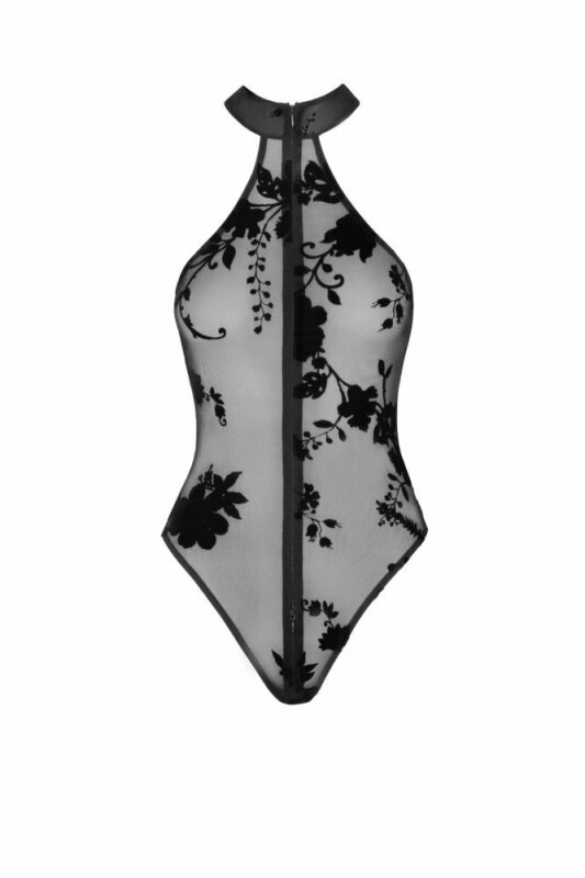 Сексуальне боді напівпрозоре, M, F314 Ego Noir Handmade, з блискавкою, з квітковим візерунком, чорне - Зображення 4