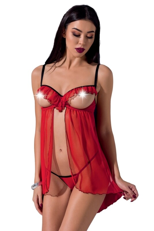 Пеньюар сексуальний з відкритими грудьми S/M Cherry Passion, зі стрінгами, червоний