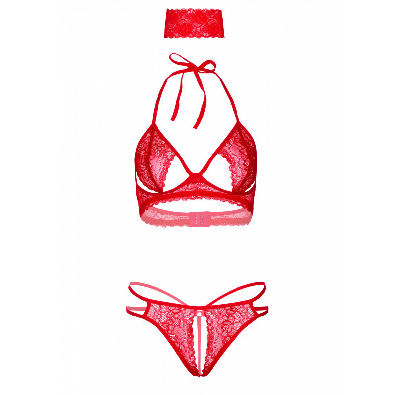 Комплект з інтимним доступом та маскою Daring Intimates Bra, Panty and Blindfold, червоний, S/M - Изображение 1