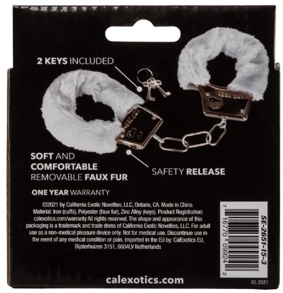 Наручники металеві з пушком CalExotics Playful Furry Cuffs, білі - Зображення 3