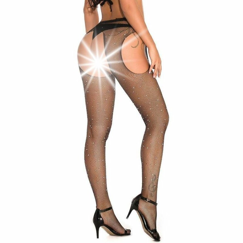 Колготки в сіточку зі стразами Star Night Diamonds Pantyhose з вирізами, чорні, One Size (XS-M)