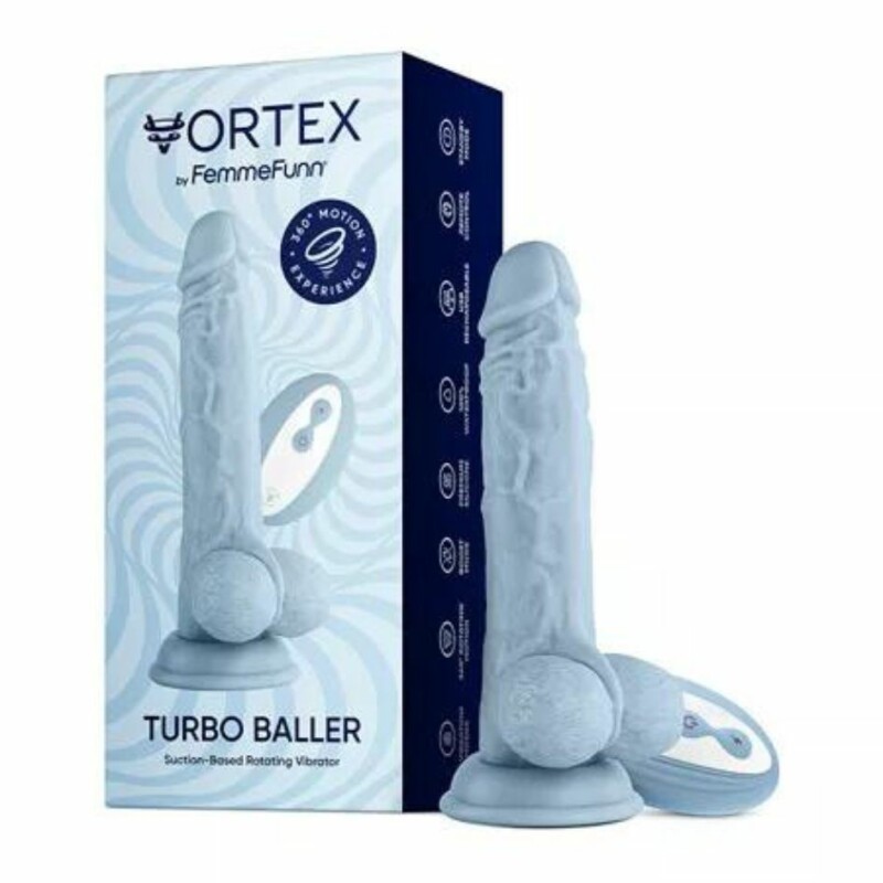 Вібратор реалістичний з ротацією FemmeFunn Vortex Turbo Baller з мошонкою на присосці, з пультом, блакитний, 20.5 см х 3.8 см