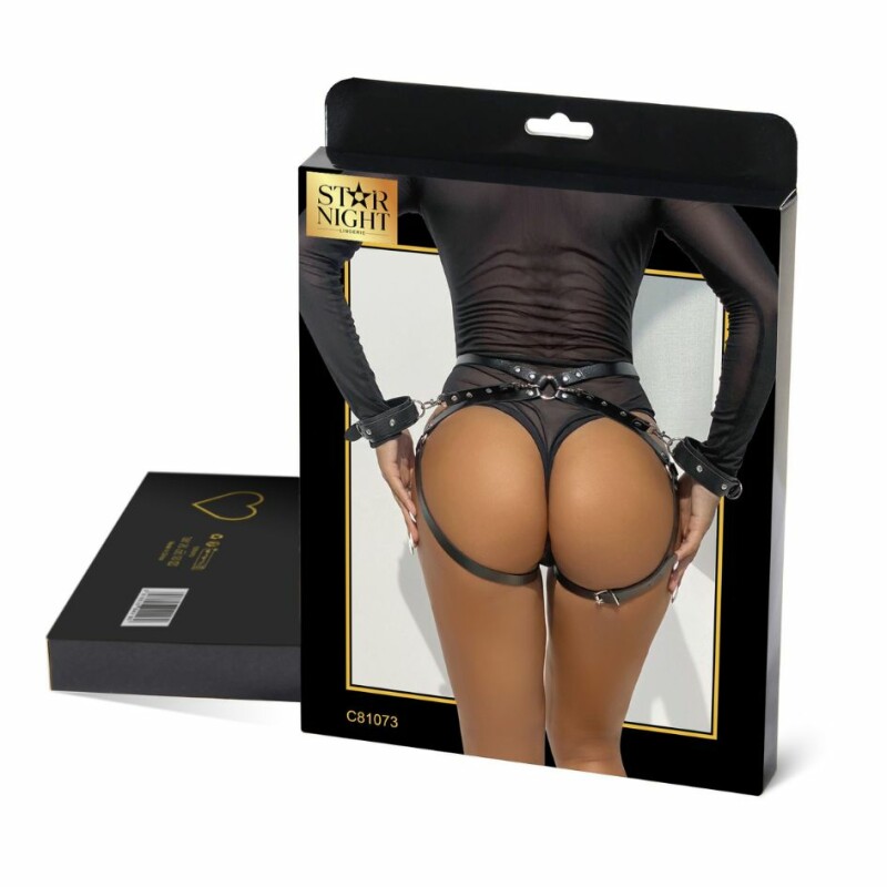 Гартери на талію і стегна з наручниками Star Night Sexy Bondage з екошкіри, чорні, One Size