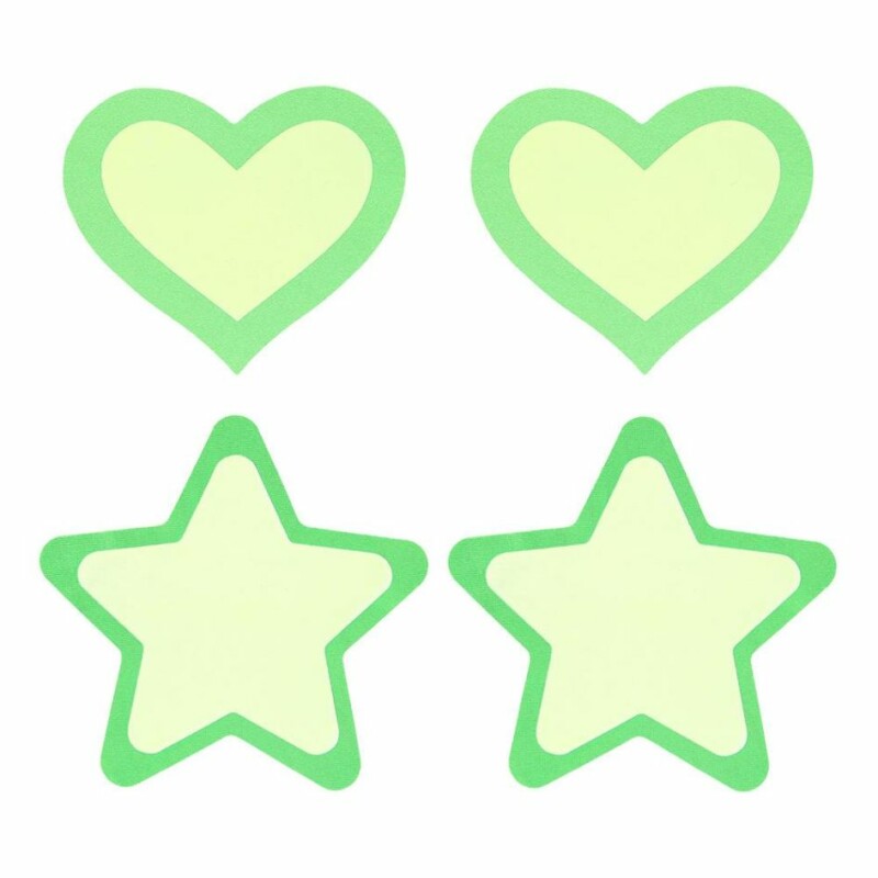 Наклейки на соски, що світяться в темряві, Peekaboo Pasties Glow In The Dark Hearts And Stars, зелені, 2 пари - Изображение 1