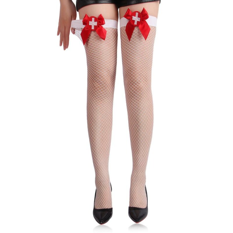 Сексуальні панчохи медсестри білого кольору Star Night White Nurse Nurse Stockings з червоним бантом, О/S
