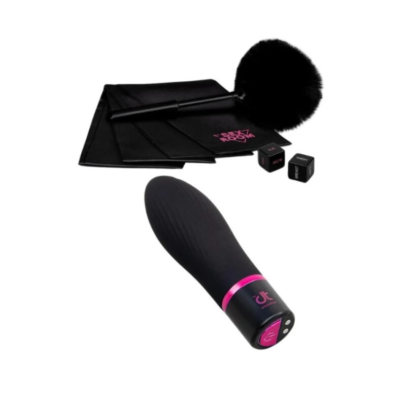 Набір з міні-вібратором для прелюдії Sex Room Vibe Kit 5 предметів і мішечок для зберігання, чорного кольору, 10 х 3 см - Зображення 1