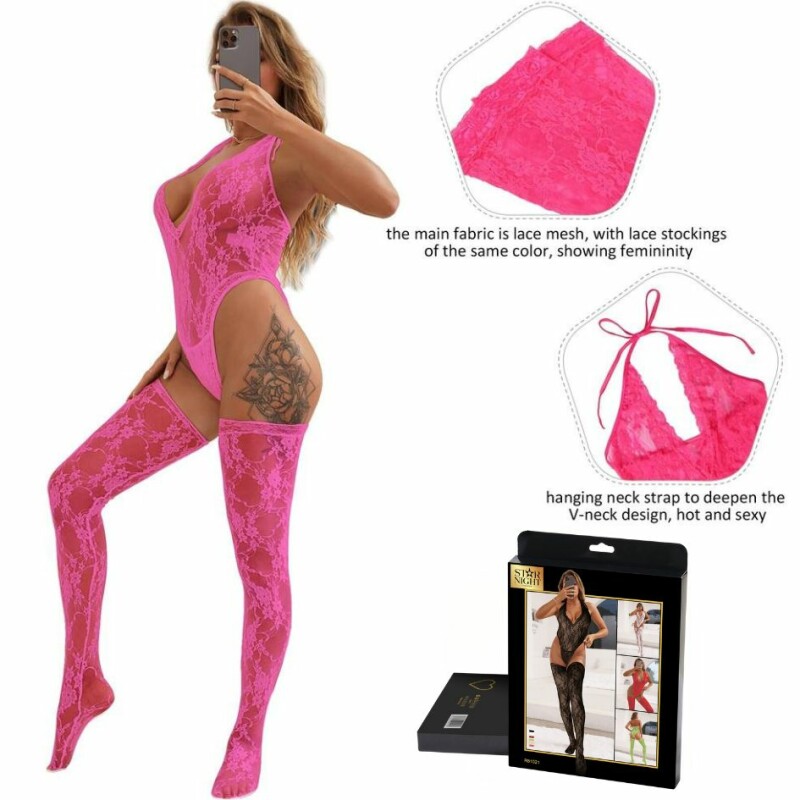 Комплект боді та панчохи Star Night Sexy Lace з мережива, рожевий, XS-S - Зображення 5