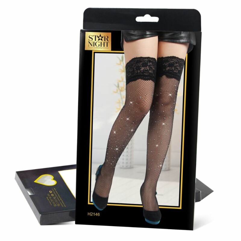 Панчохи еротичні зі стразами Star Night Mesh Stockings у сіточку з силіконовою стрічкою, чорні, OS - Изображение 4