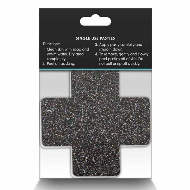 Наклейки на соски у формі Х Pretty Pasties Glitter Cross 2 пари, чорні та золоті, 8 см - Изображение 3