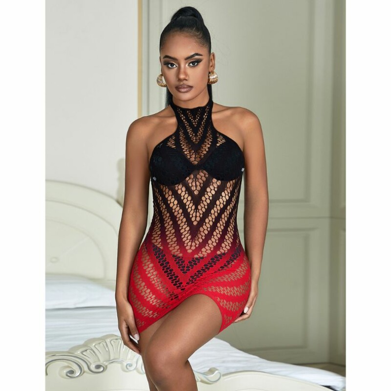 Міні-сукня двоколірна Star Night Stretchy Fishnet Bodystocking в сіточку, червоно-чорне, XS-M