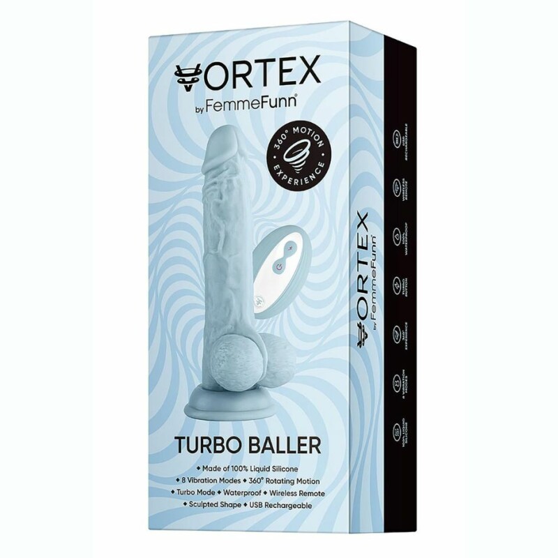 Вібратор реалістичний з ротацією FemmeFunn Vortex Turbo Baller з мошонкою на присосці, з пультом, блакитний, 20.5 см х 3.8 см - Зображення 2